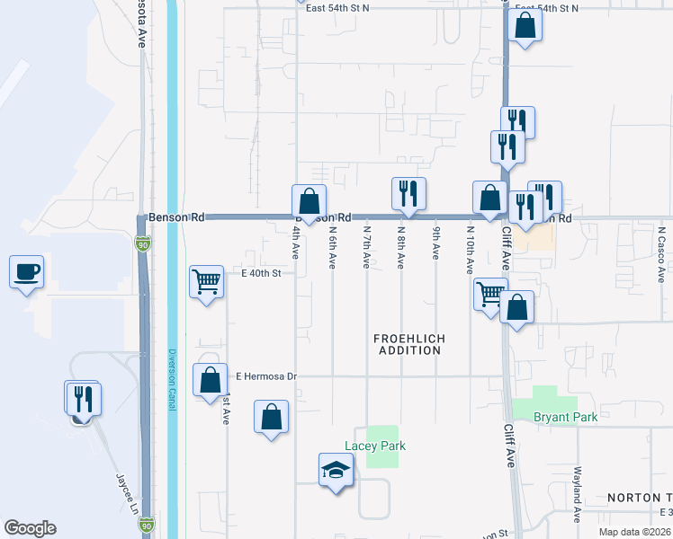 map of restaurants, bars, coffee shops, grocery stores, and more near 3401-3799 N 6th Ave in Sioux Falls