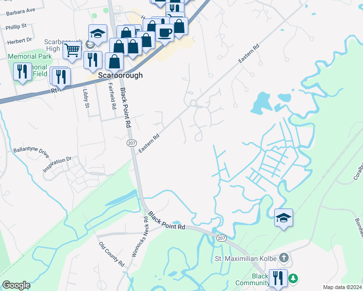map of restaurants, bars, coffee shops, grocery stores, and more near 19 Cedarbrook Drive in Scarborough