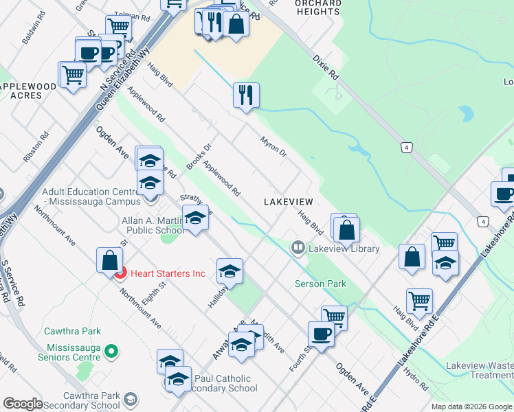 map of restaurants, bars, coffee shops, grocery stores, and more near in Mississauga