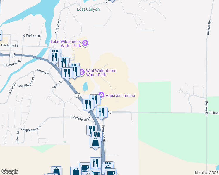 map of restaurants, bars, coffee shops, grocery stores, and more near 45 Hillman Road in Baraboo