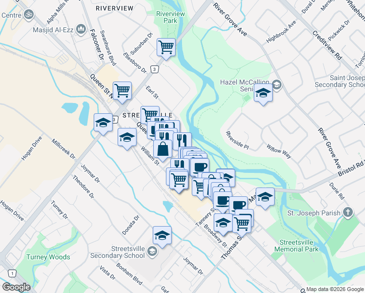 map of restaurants, bars, coffee shops, grocery stores, and more near 15 Lou Parsons Way in Mississauga