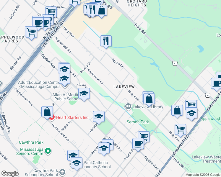 map of restaurants, bars, coffee shops, grocery stores, and more near 1359 Applewood Road in Mississauga