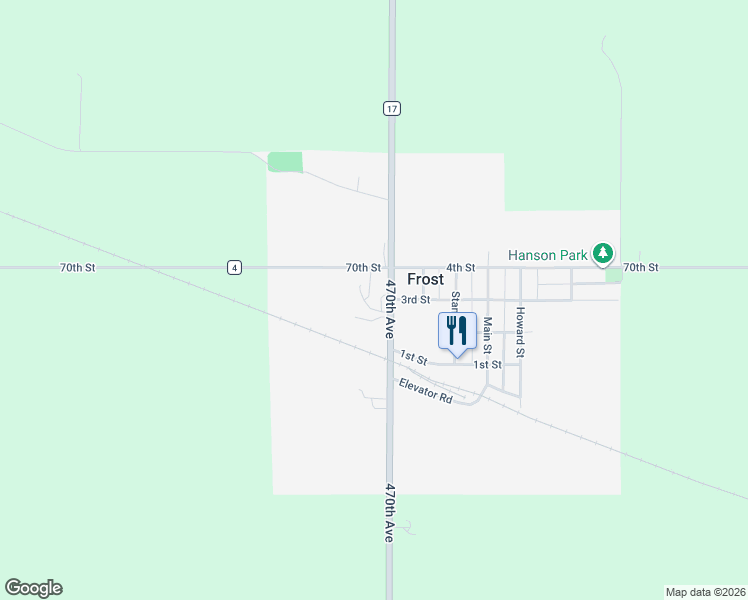 map of restaurants, bars, coffee shops, grocery stores, and more near 265 Minnesota 254 in Frost