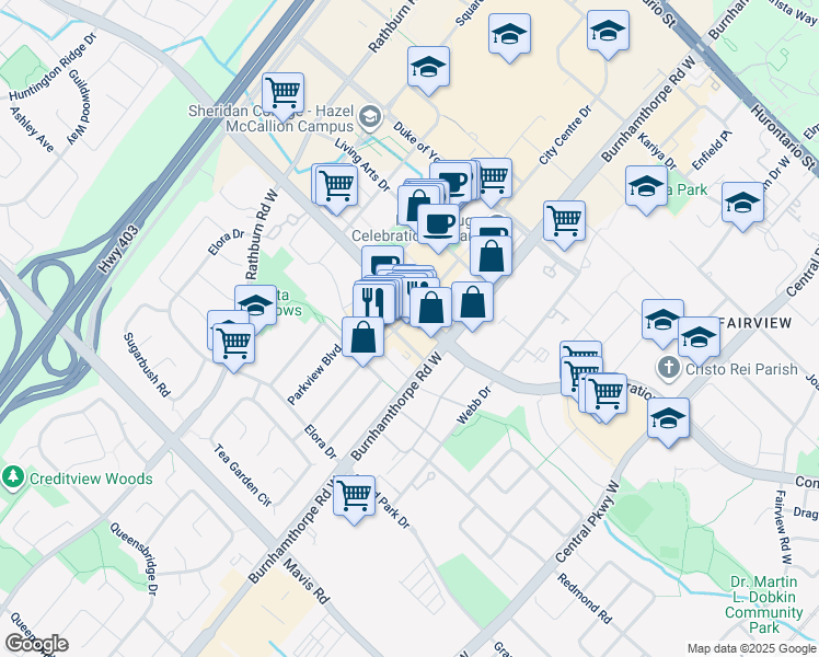 map of restaurants, bars, coffee shops, grocery stores, and more near 510 Curran Place in Mississauga