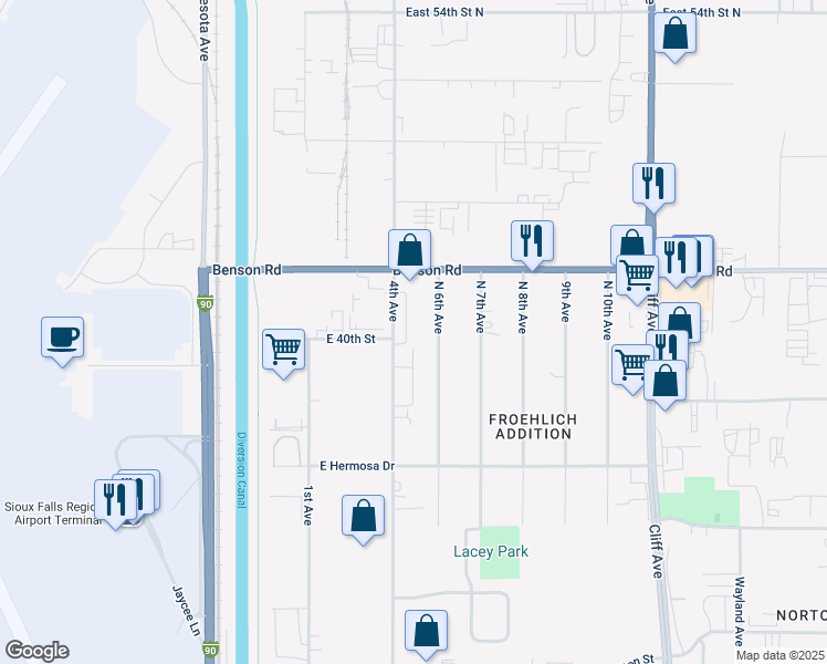 map of restaurants, bars, coffee shops, grocery stores, and more near 3401-3799 N 6th Ave in Sioux Falls