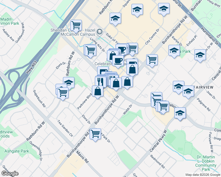 map of restaurants, bars, coffee shops, grocery stores, and more near 510 Curran Place in Mississauga