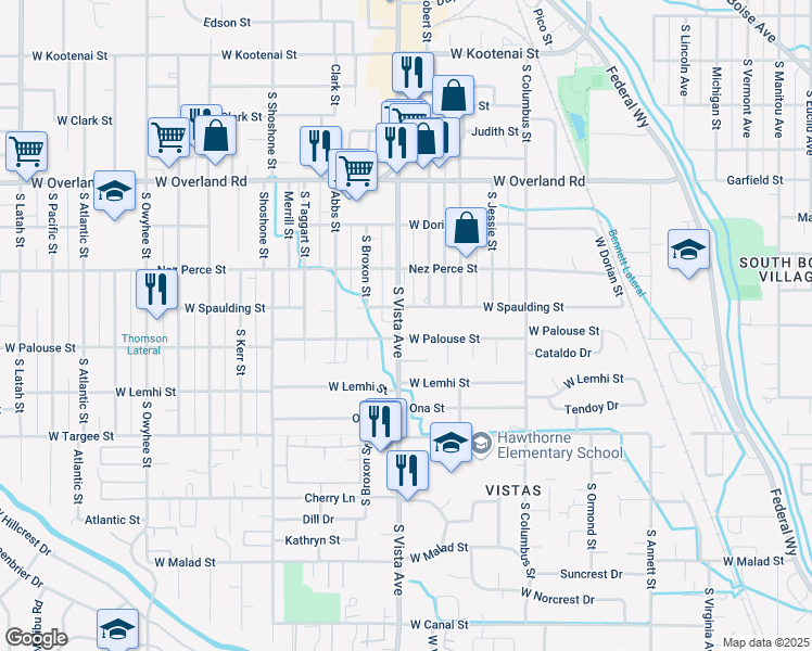 map of restaurants, bars, coffee shops, grocery stores, and more near 1985 South Vista Avenue in Boise