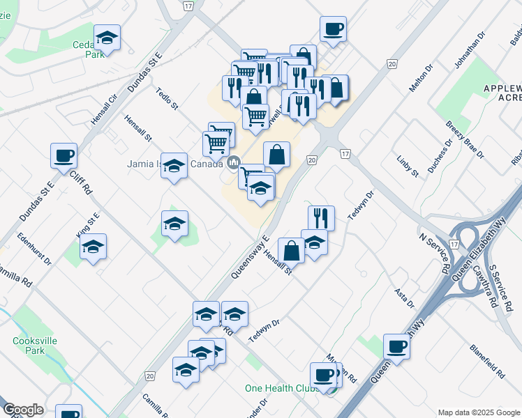 map of restaurants, bars, coffee shops, grocery stores, and more near 505 Queensway East in Mississauga