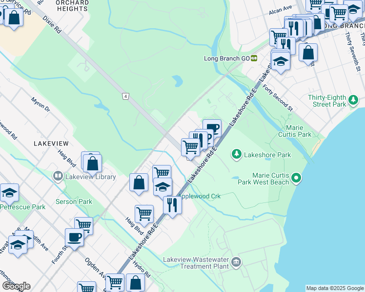 map of restaurants, bars, coffee shops, grocery stores, and more near 1057 Orchard Hill Road in Mississauga