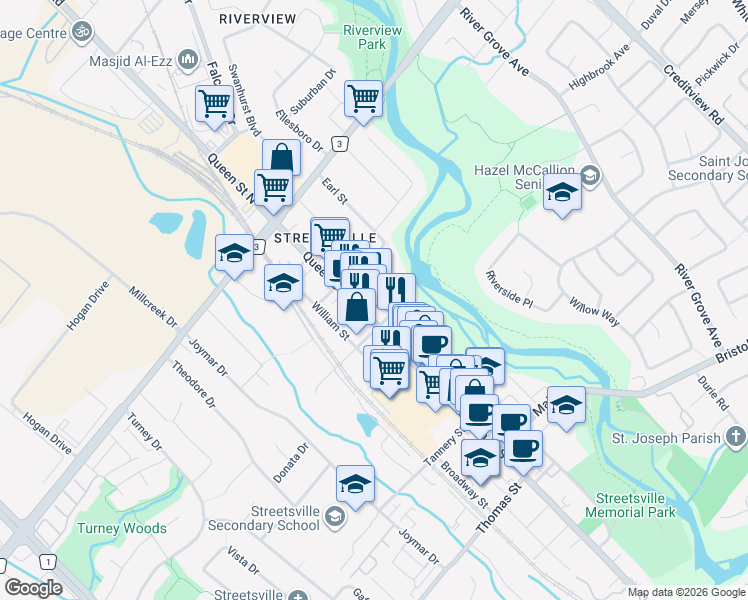 map of restaurants, bars, coffee shops, grocery stores, and more near 63 Queen Street South in Mississauga