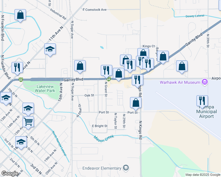 map of restaurants, bars, coffee shops, grocery stores, and more near 224 North Grant Street in Nampa
