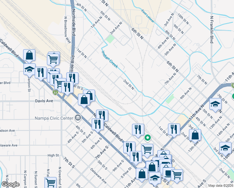 map of restaurants, bars, coffee shops, grocery stores, and more near 435 1st Street North in Nampa