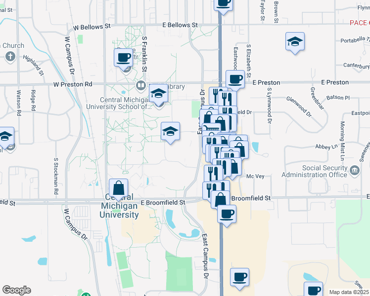 map of restaurants, bars, coffee shops, grocery stores, and more near 1200 South Franklin Street in Mount Pleasant