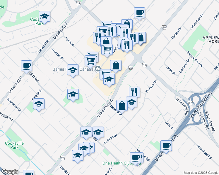 map of restaurants, bars, coffee shops, grocery stores, and more near 505 Queensway East in Mississauga