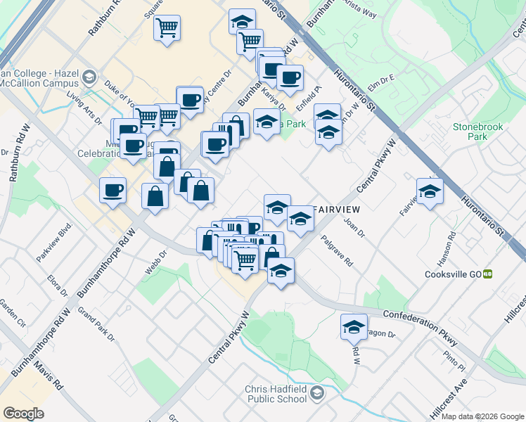 map of restaurants, bars, coffee shops, grocery stores, and more near 224 Macedonia Crescent in Mississauga