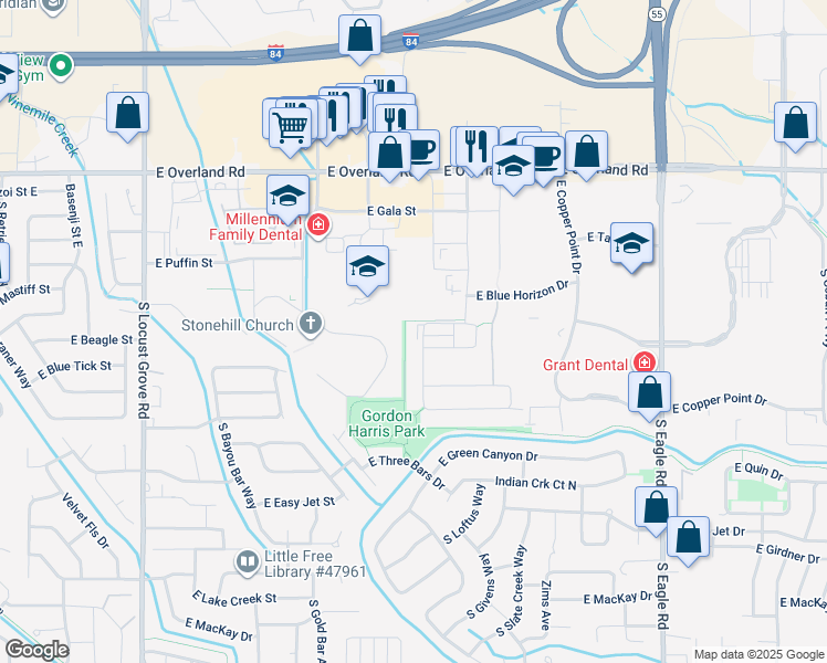 map of restaurants, bars, coffee shops, grocery stores, and more near 2121 Accolade Avenue South in Meridian