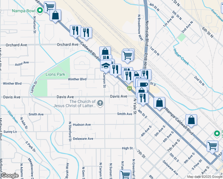 map of restaurants, bars, coffee shops, grocery stores, and more near 171 North Stinson Street in Nampa