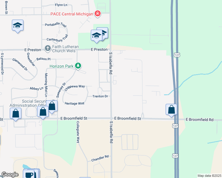 map of restaurants, bars, coffee shops, grocery stores, and more near 3780 South Isabella Road in Mount Pleasant