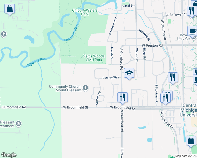map of restaurants, bars, coffee shops, grocery stores, and more near 1183 Orchard Drive in Mount Pleasant