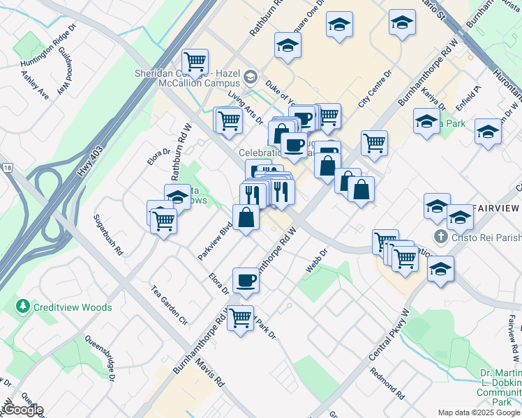 map of restaurants, bars, coffee shops, grocery stores, and more near 4056 Brickstone Mews in Mississauga