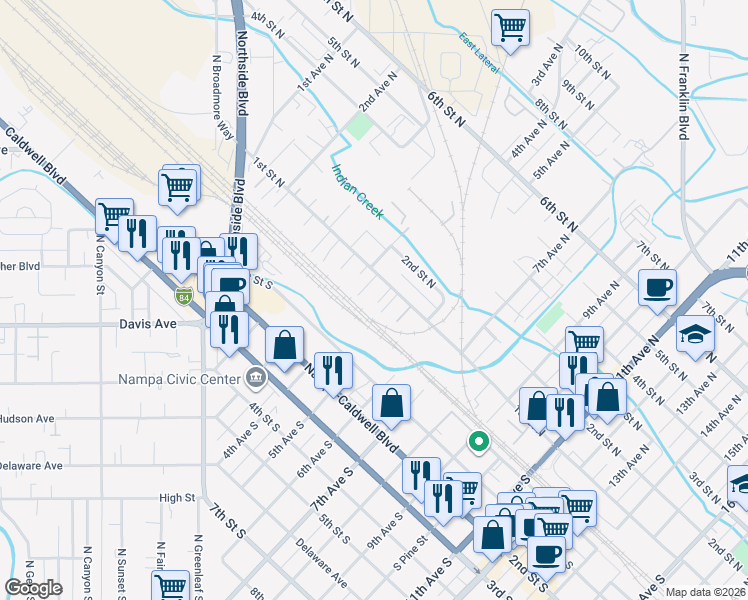 map of restaurants, bars, coffee shops, grocery stores, and more near 435 1st Street North in Nampa