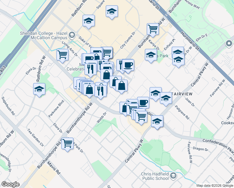 map of restaurants, bars, coffee shops, grocery stores, and more near 325 Webb Drive in Mississauga