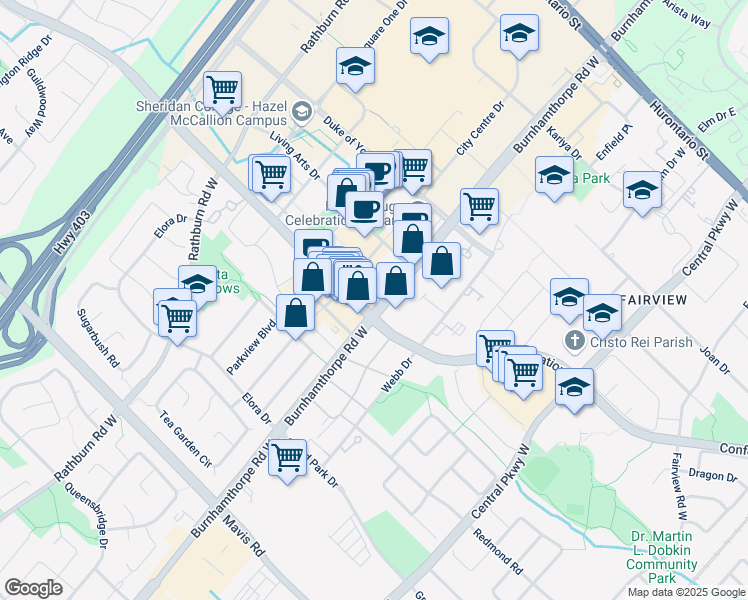 map of restaurants, bars, coffee shops, grocery stores, and more near 329 Burnhamthorpe Road West in Mississauga