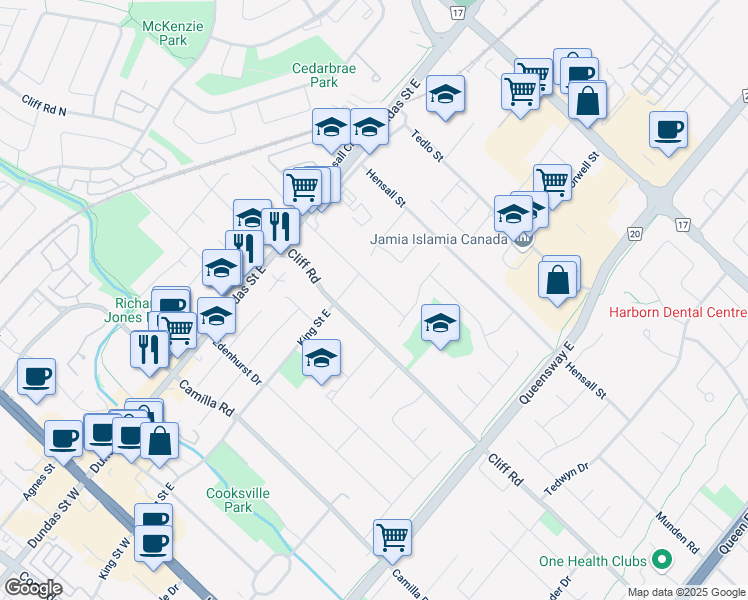 map of restaurants, bars, coffee shops, grocery stores, and more near 2472 Burslem Road in Mississauga