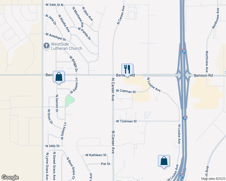 map of restaurants, bars, coffee shops, grocery stores, and more near North Career Avenue in Sioux Falls