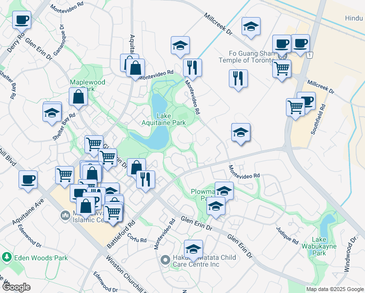 map of restaurants, bars, coffee shops, grocery stores, and more near 6564 Treviso Terrace in Mississauga