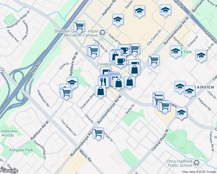 map of restaurants, bars, coffee shops, grocery stores, and more near 4065 Brickstone Mews in Mississauga