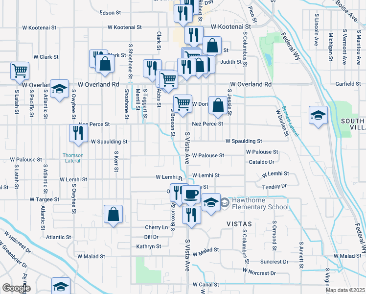 map of restaurants, bars, coffee shops, grocery stores, and more near 1929 South Vista Avenue in Boise