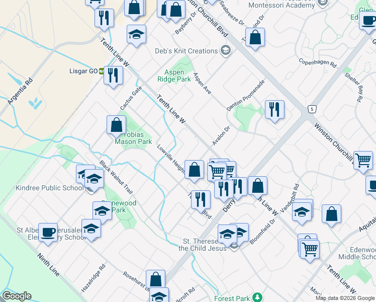 map of restaurants, bars, coffee shops, grocery stores, and more near 3253 Bruzan Crescent in Mississauga