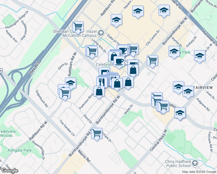 map of restaurants, bars, coffee shops, grocery stores, and more near 521 Curran Place in Mississauga