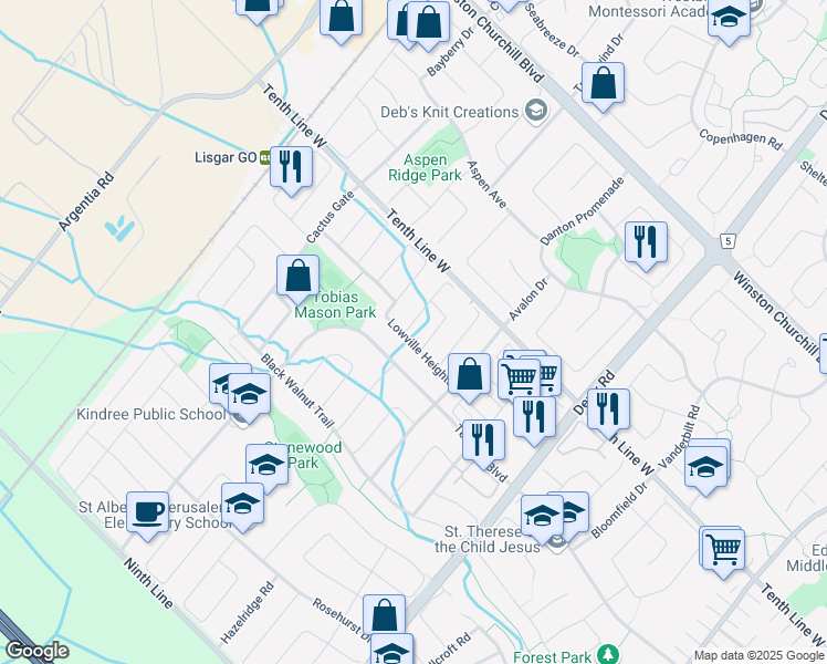 map of restaurants, bars, coffee shops, grocery stores, and more near 3403 Bruzan Crescent in Mississauga
