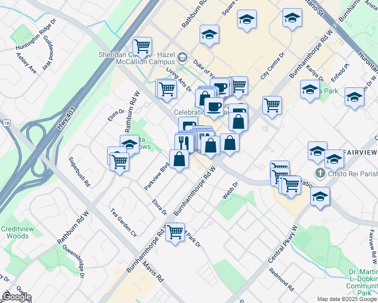 map of restaurants, bars, coffee shops, grocery stores, and more near 4070 Brickstone Mews in Mississauga