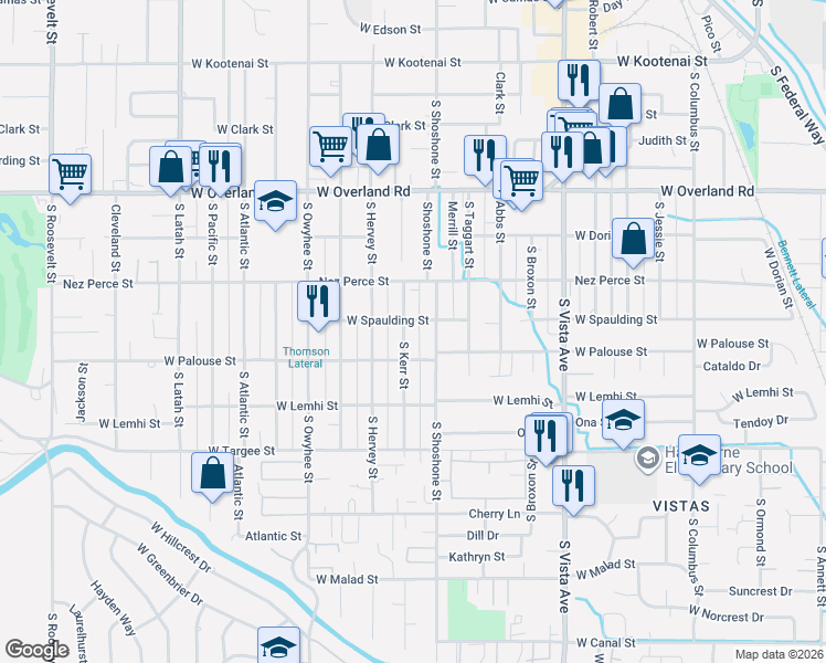 map of restaurants, bars, coffee shops, grocery stores, and more near 1914 South Kerr Street in Boise