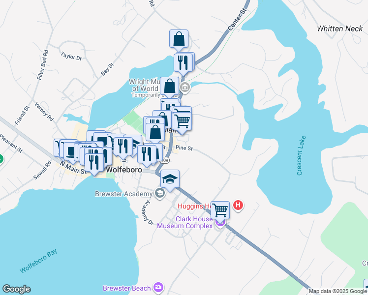 map of restaurants, bars, coffee shops, grocery stores, and more near 19 Pine Street in Wolfeboro
