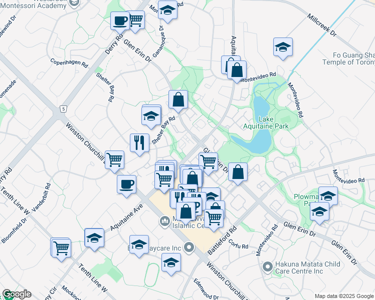 map of restaurants, bars, coffee shops, grocery stores, and more near 36-6810 Meadowvale Town Centre Circle in Mississauga