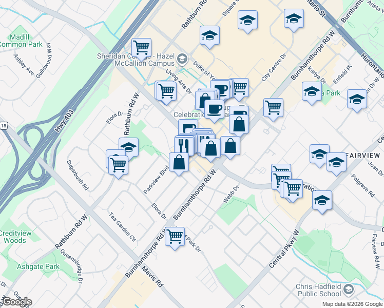 map of restaurants, bars, coffee shops, grocery stores, and more near 4065 Brickstone Mews in Mississauga