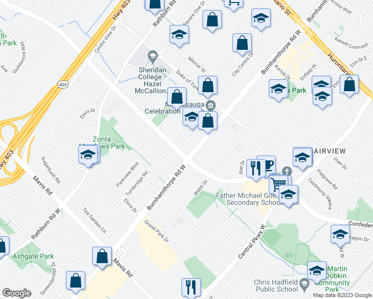 map of restaurants, bars, coffee shops, grocery stores, and more near 329 Burnhamthorpe Road West in Mississauga