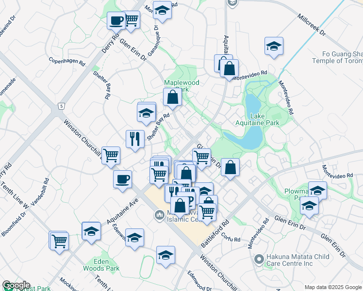 map of restaurants, bars, coffee shops, grocery stores, and more near 6720 Glen Erin Drive in Mississauga