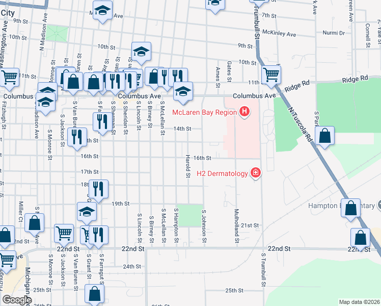 map of restaurants, bars, coffee shops, grocery stores, and more near 501 Harold Street in Bay City