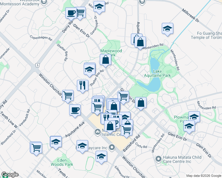 map of restaurants, bars, coffee shops, grocery stores, and more near 6720 Glen Erin Drive in Mississauga