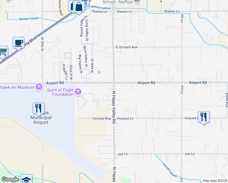 map of restaurants, bars, coffee shops, grocery stores, and more near North Happy Valley Road in Nampa