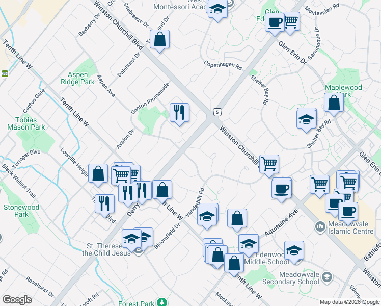 map of restaurants, bars, coffee shops, grocery stores, and more near 6993 Danton Promenade in Mississauga