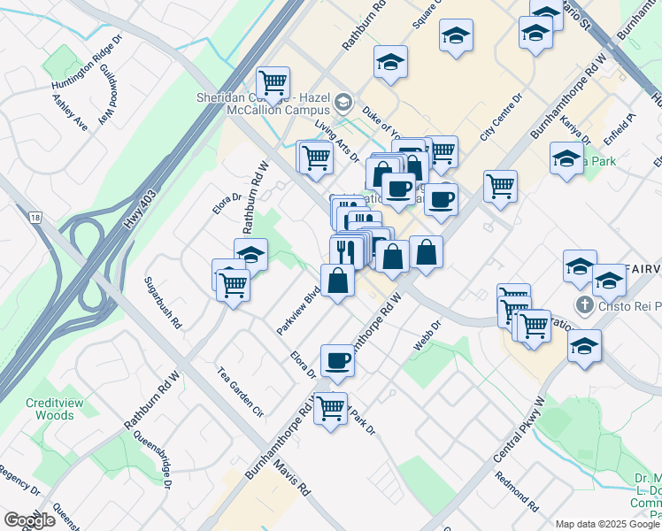 map of restaurants, bars, coffee shops, grocery stores, and more near 4085 Parkside Village Drive in Mississauga