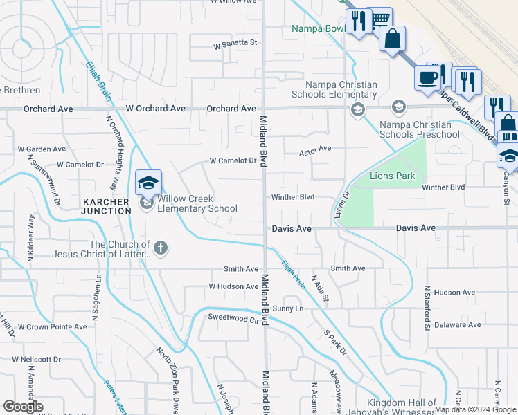 map of restaurants, bars, coffee shops, grocery stores, and more near 1007 West Holland Avenue in Nampa