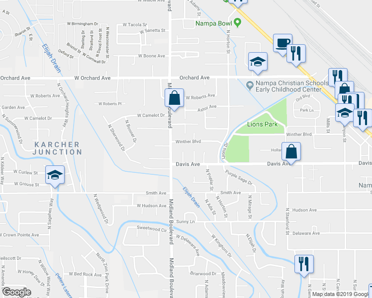 map of restaurants, bars, coffee shops, grocery stores, and more near 178 Benewah Place in Nampa