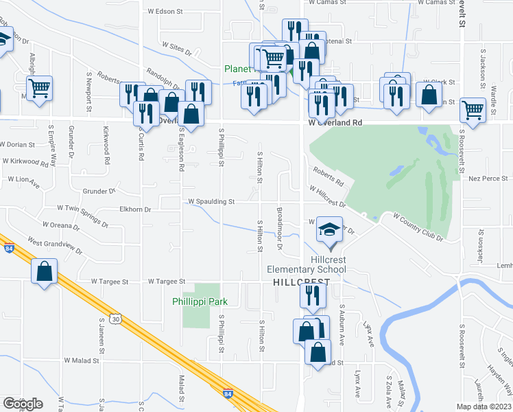 map of restaurants, bars, coffee shops, grocery stores, and more near 5203 West Spaulding Street in Boise